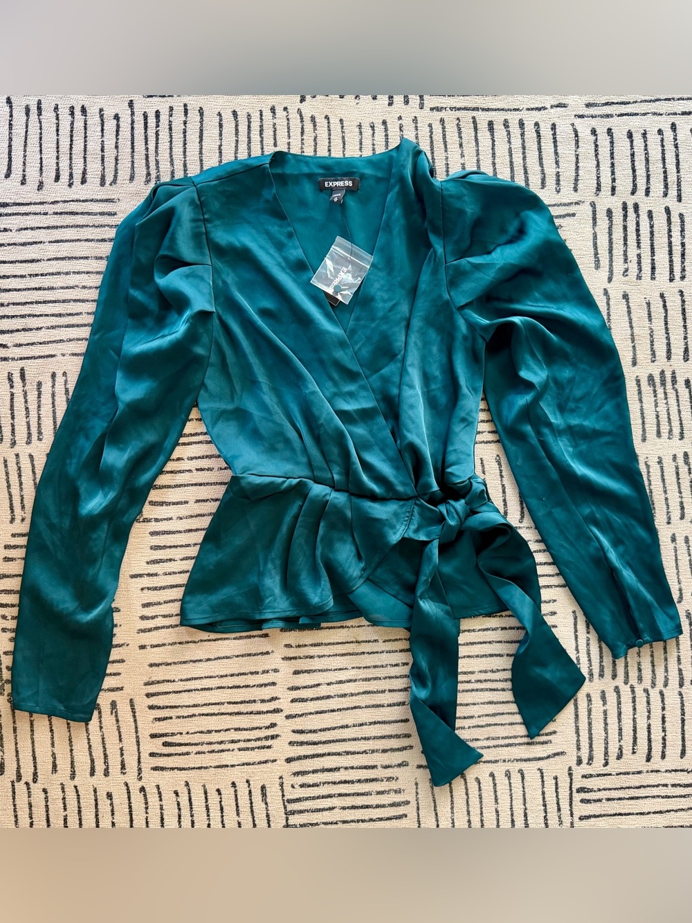 Express Emerald Satin Wrap Blouse with Side Tie